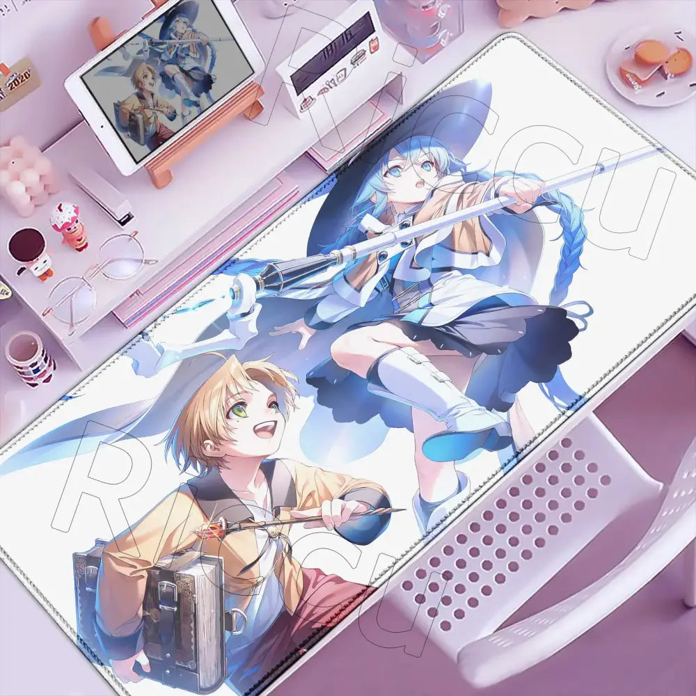 Rectangular soft-touch desk mat featuring vibrant mushoku tensei roxy anime illustration with blue and beige costumes