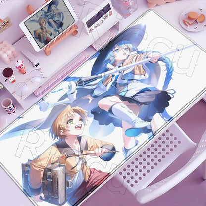 Rectangular soft-touch desk mat featuring vibrant mushoku tensei roxy anime illustration with blue and beige costumes