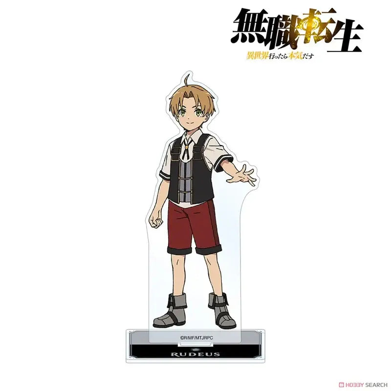 Clear acrylic migurdia acrylic stand featuring rudeus in signature outfit for desktop decor in roxy migurdia acrylic style