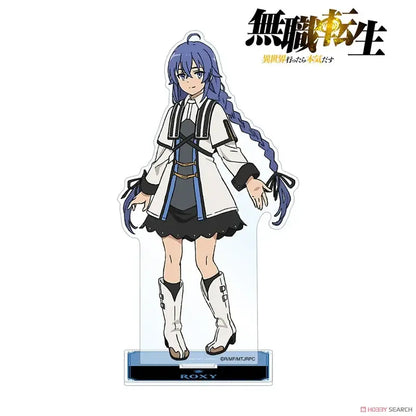 Roxy migurdia acrylic stand featuring blue-haired anime character in white and black outfit for desktop decor