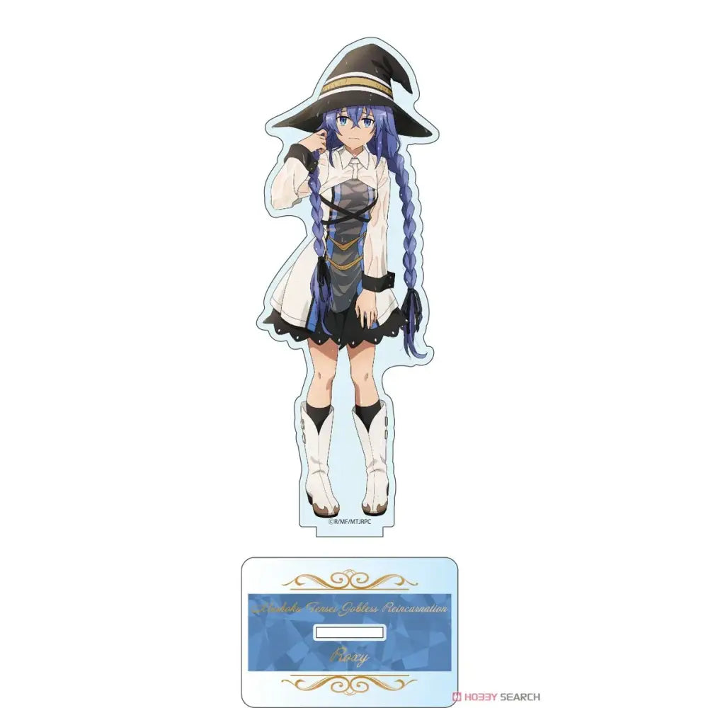 Black and white witch-themed roxy migurdia acrylic stand featuring blue braided hair and lace-trimmed outfit for desktop decor