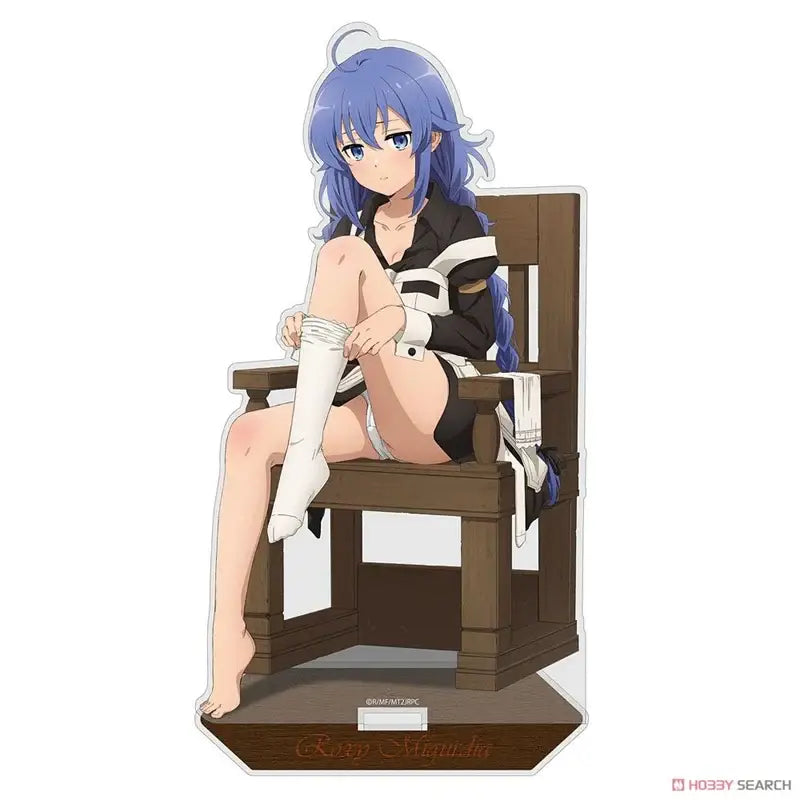 Blue-haired roxy migurdia acrylic stand features the character on a wooden chair in a black and white outfit for desktop decor