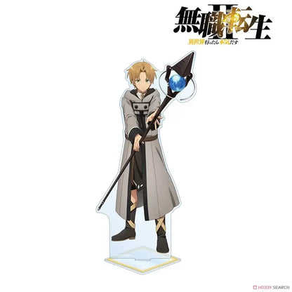 A clear roxy migurdia acrylic stand featuring a blonde anime character in gray and black holding a spear with a blue orb
