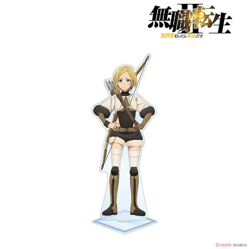 Clear acrylic roxy migurdia acrylic stand featuring a blonde archer in white and black attire holding a bow over one shoulder
