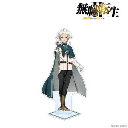 A clear acrylic roxy migurdia acrylic stand featuring a silver-haired anime character in a dark green cape and red outfit