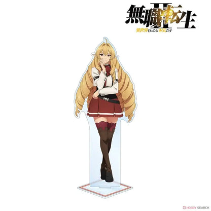 Clear acrylic roxy migurdia acrylic stand featuring blonde anime character in white blouse and red skirt for desktop decor