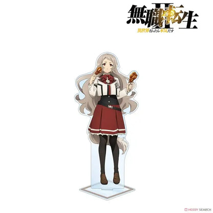 A clear acrylic roxy migurdia acrylic stand featuring the character holding chicken wings in a white and black striped blouse