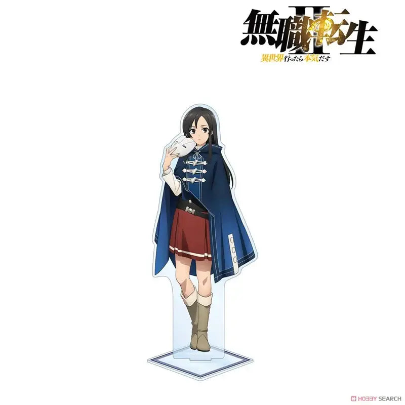 A clear acrylic stand of roxy migurdia in navy blue cape red skirt and beige boots for desktop decor