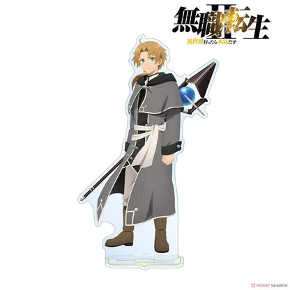 Gray and black armored roxy migurdia acrylic stand with blue orb on shoulder for desktop decor in anime style