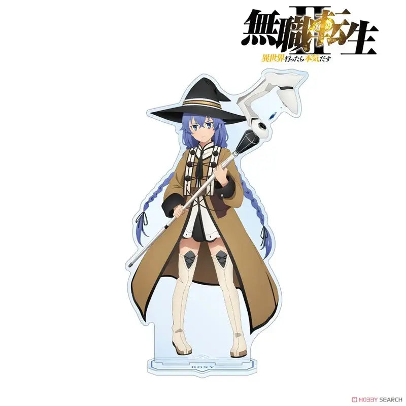 Black-and-white roxy migurdia acrylic stand featuring her in a brown coat and wide-brimmed hat holding an axe desktop decor