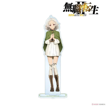 Clear acrylic roxy migurdia acrylic stand featuring silver hair anime character in green cloak for desktop decor