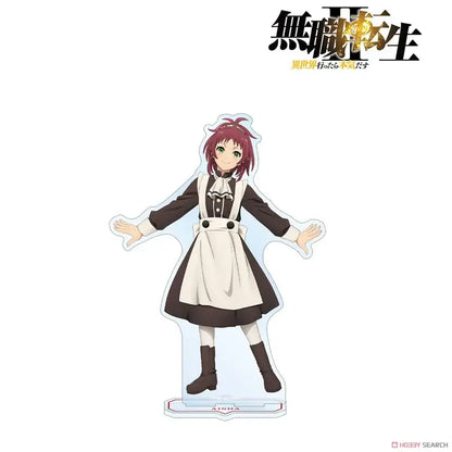 A clear acrylic roxy migurdia acrylic stand featuring aisha in a black and white maid outfit with red hair for desktop decor
