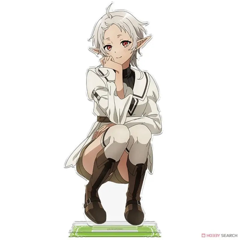 White and black anime roxy migurdia acrylic stand with silver hair red eyes pointed ears on clear acrylic base for desktop decor