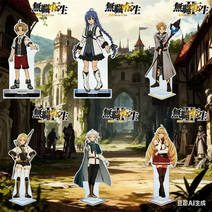 Five anime character standees from the unspoken displayed with roxy migurdia acrylic stand on a printed backdrop