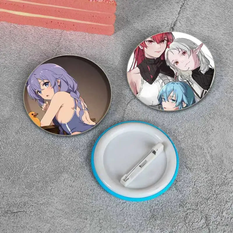 Circular anime-themed pin badges featuring roxy migurdia with distinct hair color and outfit in a 58mm brooch pin