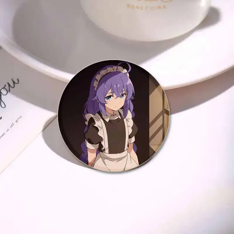 Circular roxy migurdia brooch pin featuring purple-haired girl in maid outfit with white apron and headpiece 58mm badge