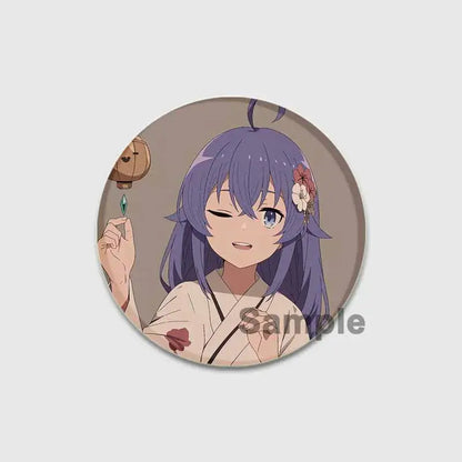 Circular 58mm roxy migurdia brooch pin featuring anime girl with purple hair and white kimono with red floral patterns