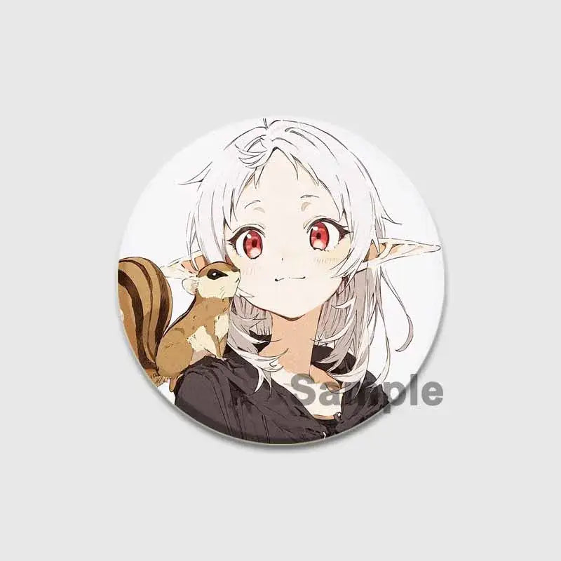 Circular white roxy migurdia brooch pin featuring an anime character with silver hair and a brown squirrel on her shoulder