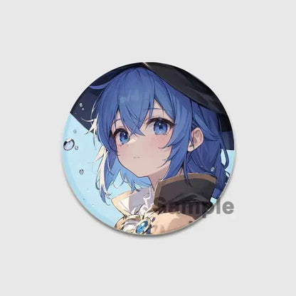 Circular roxy migurdia brooch pin featuring vibrant blue hair anime character in dark outfit on light blue background
