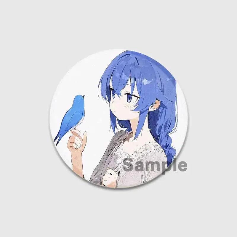 Circular 58mm roxy migurdia brooch pin featuring anime-style girl with blue hair holding a small blue bird