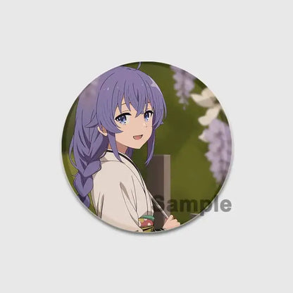 Circular 58mm roxy migurdia brooch pin featuring anime character with purple braided hair and wisteria background