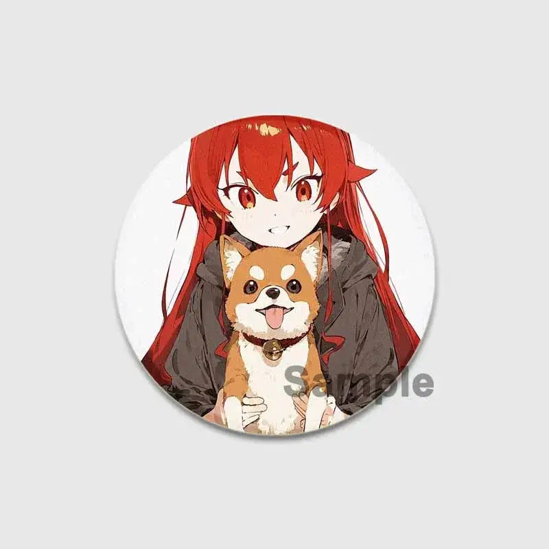 Circular roxy migurdia brooch pin featuring an anime-style red-haired girl with orange eyes holding a tan shiba inu dog