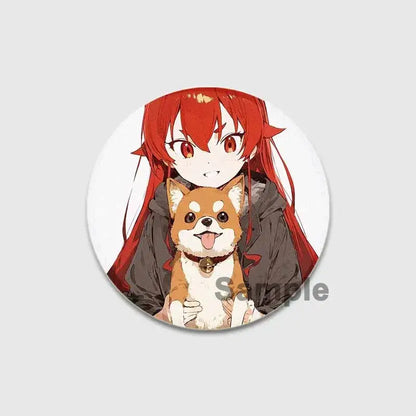 Circular roxy migurdia brooch pin featuring an anime-style red-haired girl with orange eyes holding a tan shiba inu dog