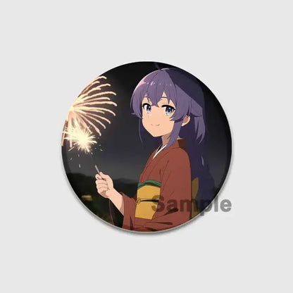 Circular 58mm roxy migurdia brooch pin featuring an anime girl with purple hair holding a sparkler in brown kimono