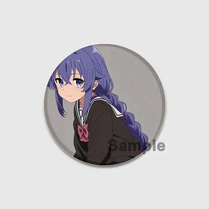 Circular 58mm roxy migurdia brooch pin featuring anime girl with long purple hair and dark school uniform badge