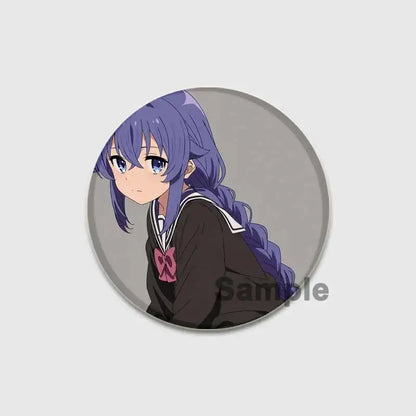 Circular 58mm roxy migurdia brooch pin featuring anime girl with long purple hair and dark school uniform badge