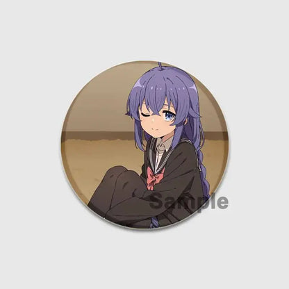 Circular 58mm roxy migurdia brooch pin featuring an anime girl with long purple hair and blue eyes in a dark school uniform