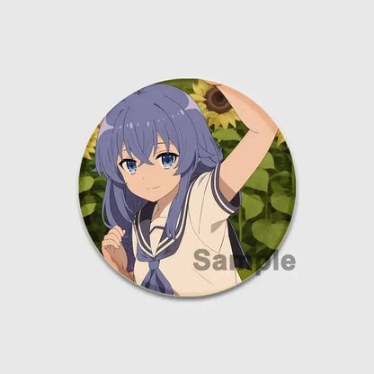 Circular roxy migurdia brooch pin featuring anime girl with purple hair and sailor-style school uniform badge 58mm