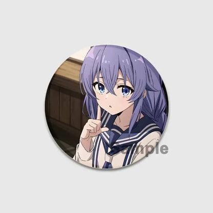 Circular 58mm roxy migurdia brooch pin featuring an anime girl with long purple hair in sailor uniform