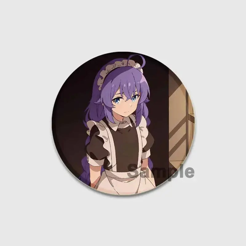Circular roxy migurdia brooch pin featuring anime character with long purple hair and blue eyes in brown dress