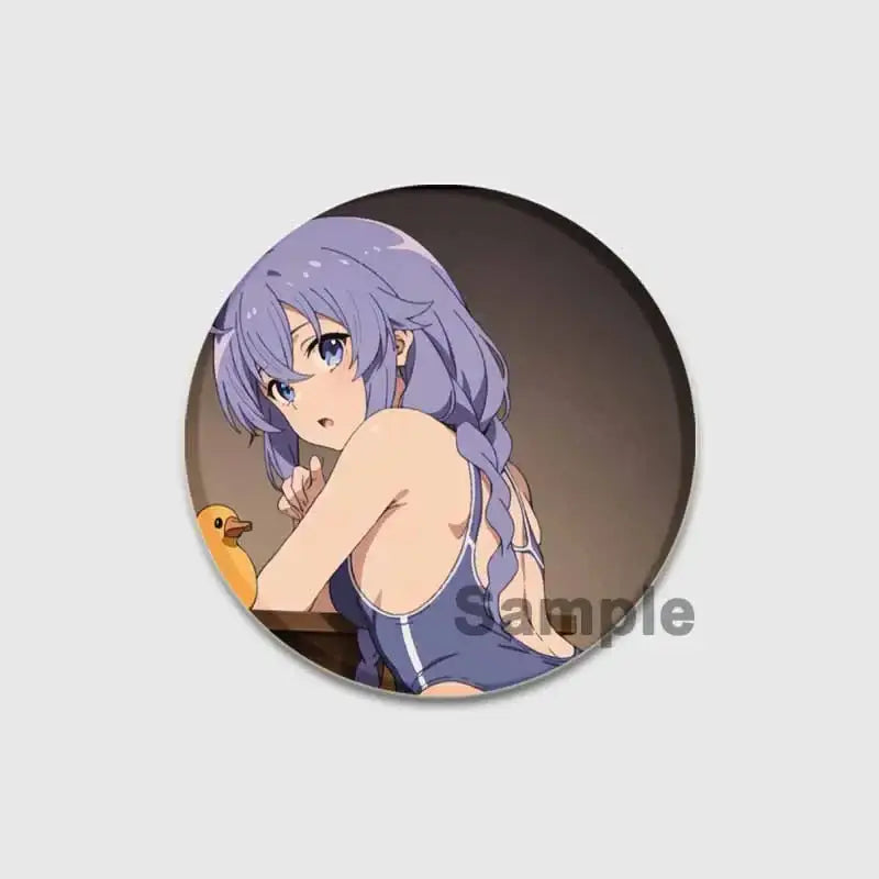 Circular 58mm roxy migurdia brooch pin featuring anime character with long purple hair and dark blue swimsuit with white trim