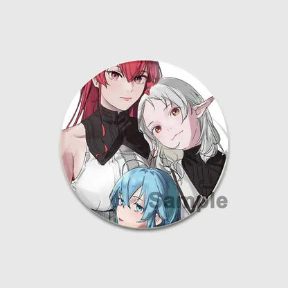 Circular roxy migurdia brooch pin featuring three anime characters with red silver and blue hair on white background