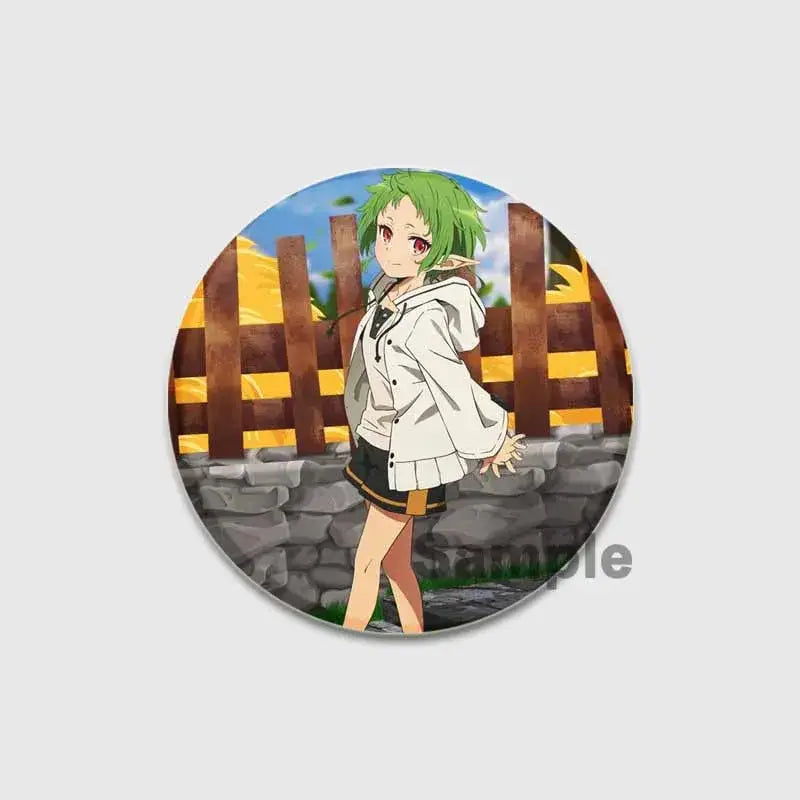 Circular 58mm roxy migurdia brooch pin featuring anime character with green hair and red eyes in white hooded jacket
