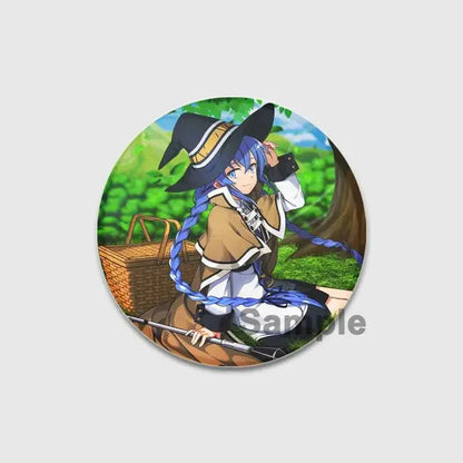 Circular 58mm roxy migurdia brooch pin featuring an anime witch with long blue braided hair in black hat and brown cloak