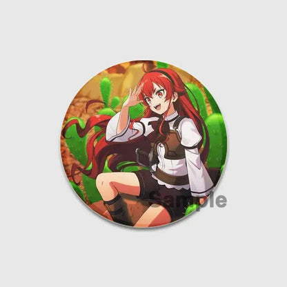 Circular 58mm roxy migurdia brooch pin featuring an anime girl with long red hair against a cactus background