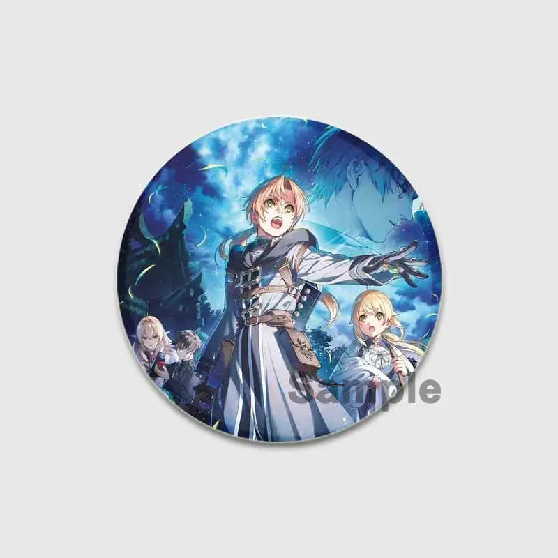 Circular roxy migurdia brooch pin featuring blonde character in white and gray outfit with two characters on blue sky background
