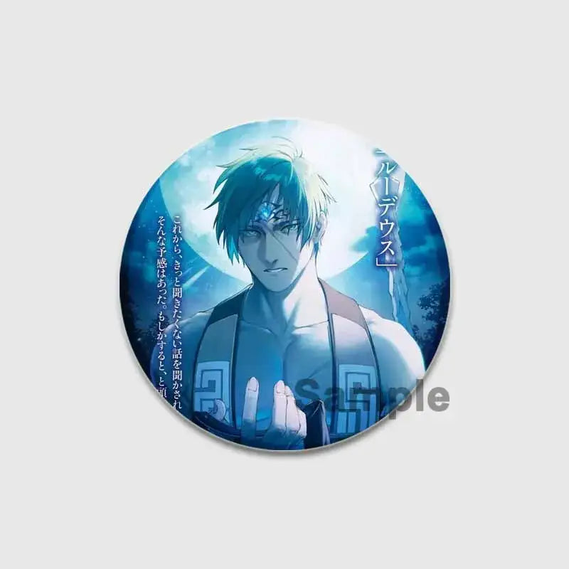 Blue anime character illustration badge featuring a young man with teal hair and glowing markings roxy migurdia brooch pin