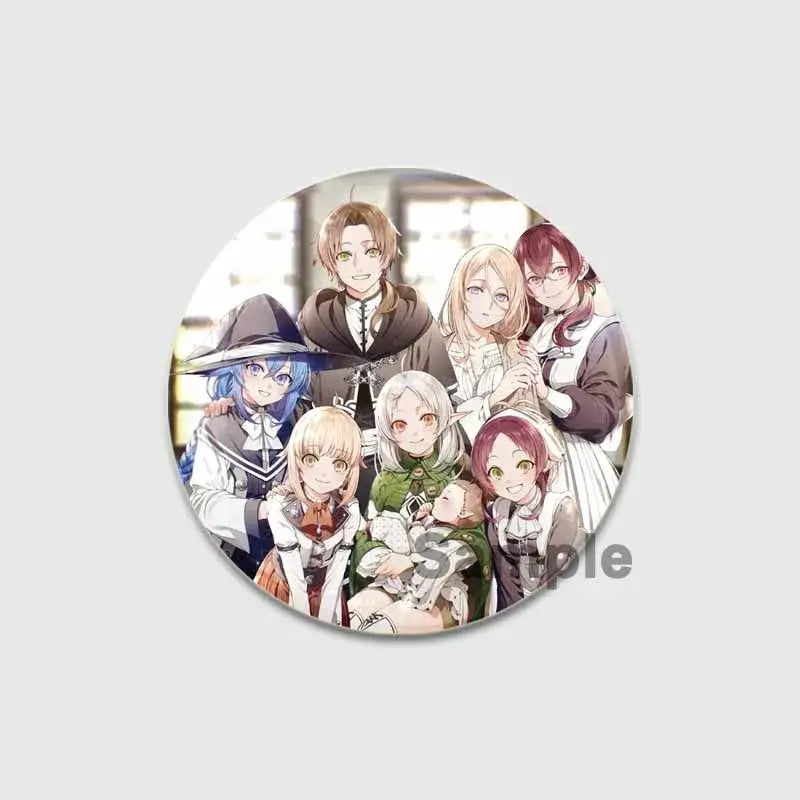 Circular roxy migurdia brooch pin featuring anime characters in colorful outfits for mushoku tensei fans