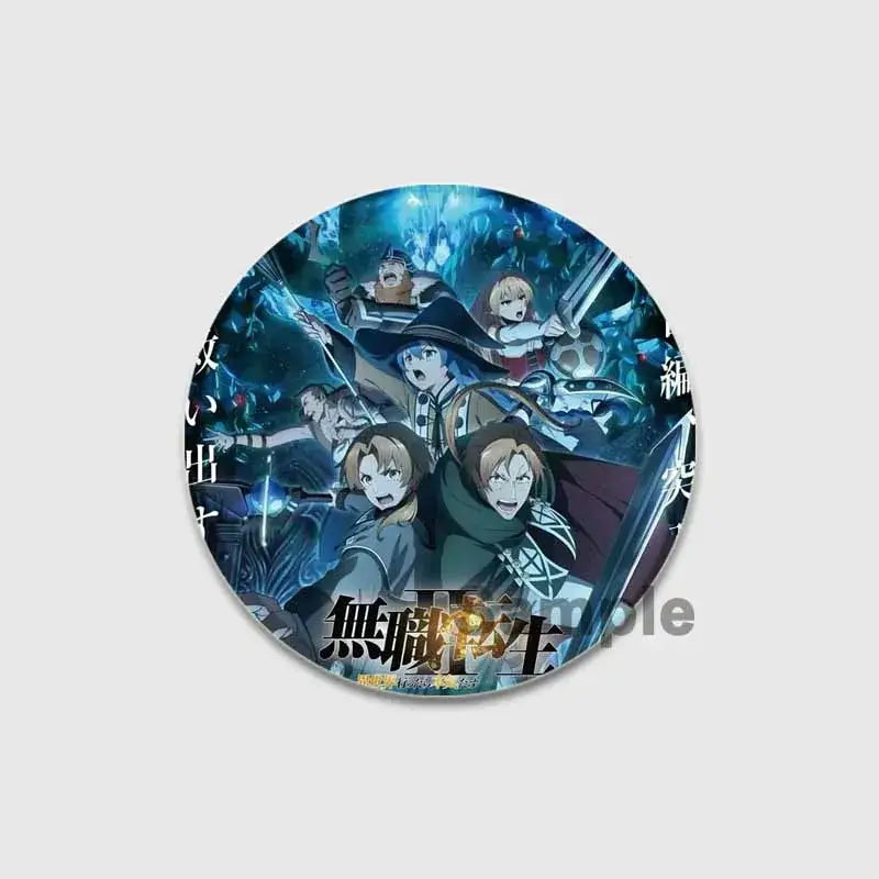 Circular roxy migurdia brooch pin featuring dynamic anime battle poses on a dark glowing blue background 58mm badge