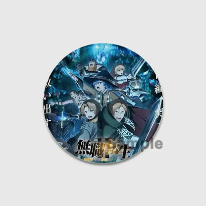 Circular roxy migurdia brooch pin featuring dynamic anime battle poses on a dark glowing blue background 58mm badge