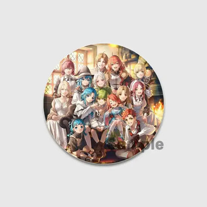 Circular roxy migurdia brooch pin featuring vibrant anime characters in colorful outfits indoors 58mm badge