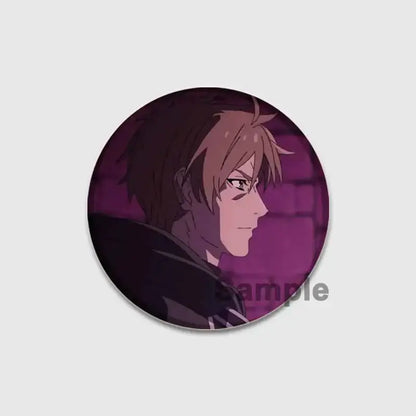 Circular roxy migurdia brooch pin featuring a side-profile of a young man with brown hair on purple background
