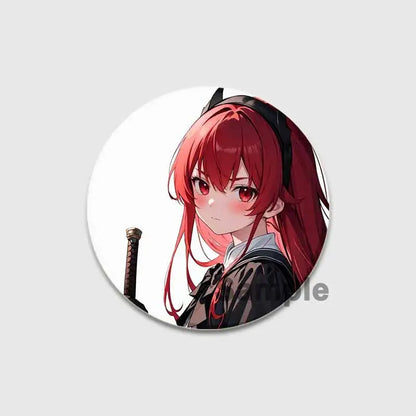 Circular 58mm roxy migurdia brooch pin featuring an anime girl with vibrant red hair and black outfit with white collar accents