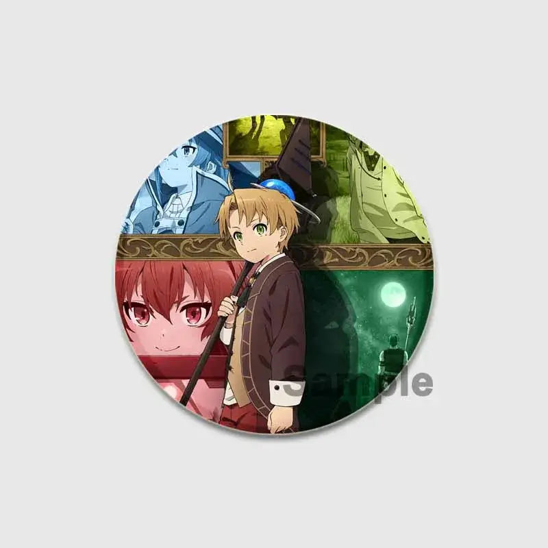 Circular roxy migurdia brooch pin featuring anime characters with central figure in brown coat and blue hat on colorful background