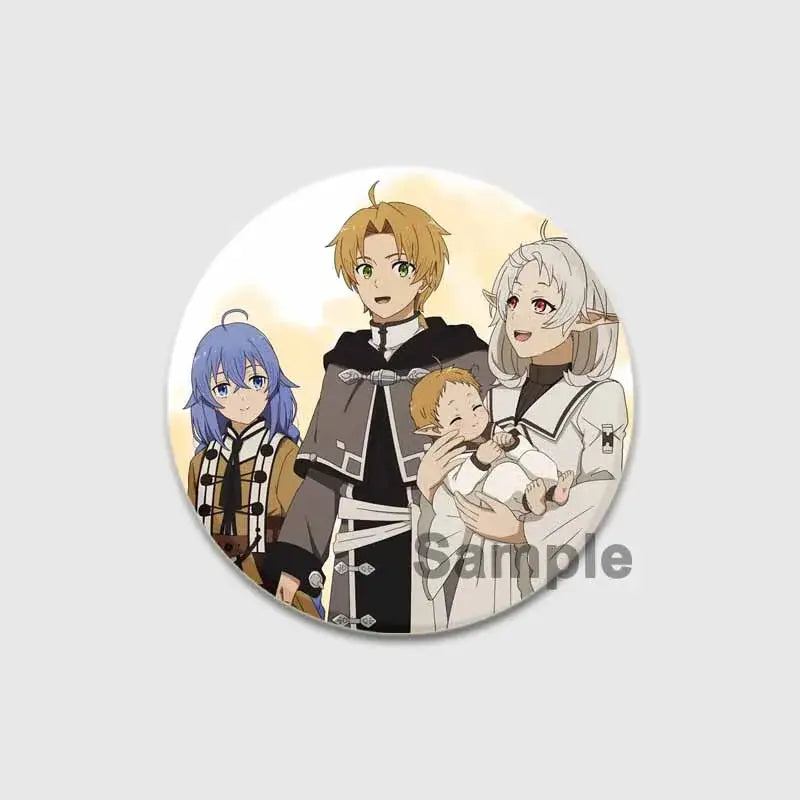 Circular roxy migurdia brooch pin featuring four anime characters in detailed clothing on a soft yellow background