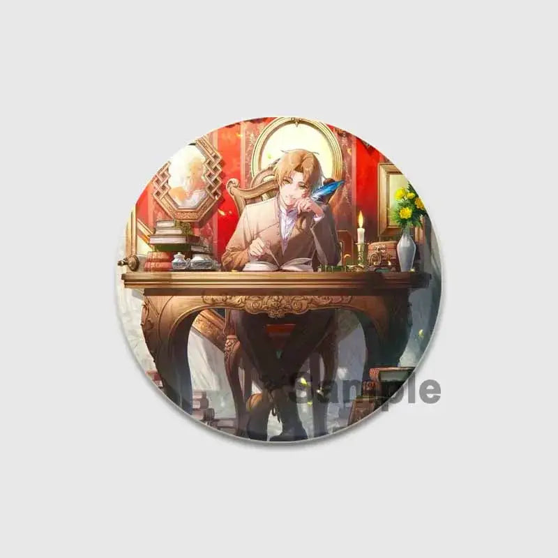 Circular roxy migurdia brooch pin featuring an anime-style blonde man in a beige suit at a wooden desk with red paneling